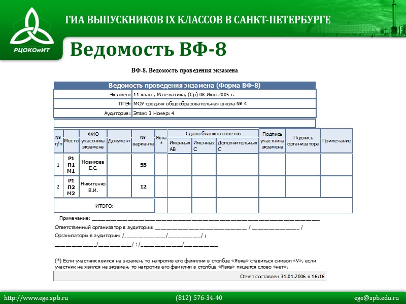 Ведомость ВФ-8 http://www.ege.spb.ru         (812) 576-34-40 
